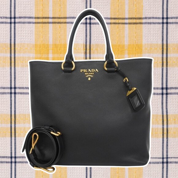 Prada Handbags - PRADA Black Leather Tote Bag with Gold Hardware